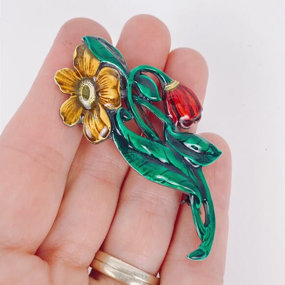 VTG 1930s 1940s Silver Enamel Floral Flower Brooch Mid Century Jewelry EUC - Picture 2 of 9